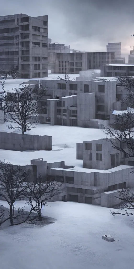 Image similar to brutalist architecture, hyperrealistic rendering, 4 k, tyndall effect, snow day ， ultra wide angle