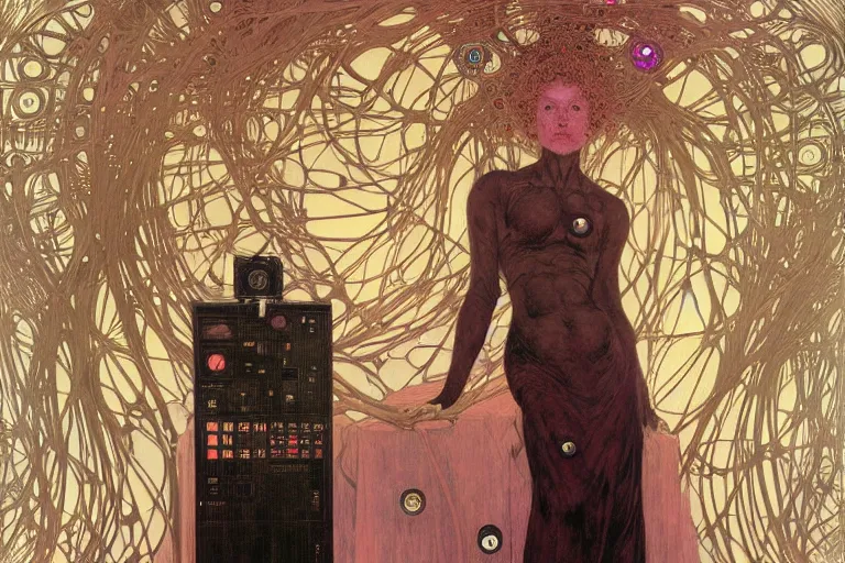 Image similar to symmetric, a dark woman android in a pastel pink dress holding neurons, in a room full of neural networks and wires and computers, dark sci - fi, ai, 4 k realistic, artem demura. alphonse mucha, gustav klimt.