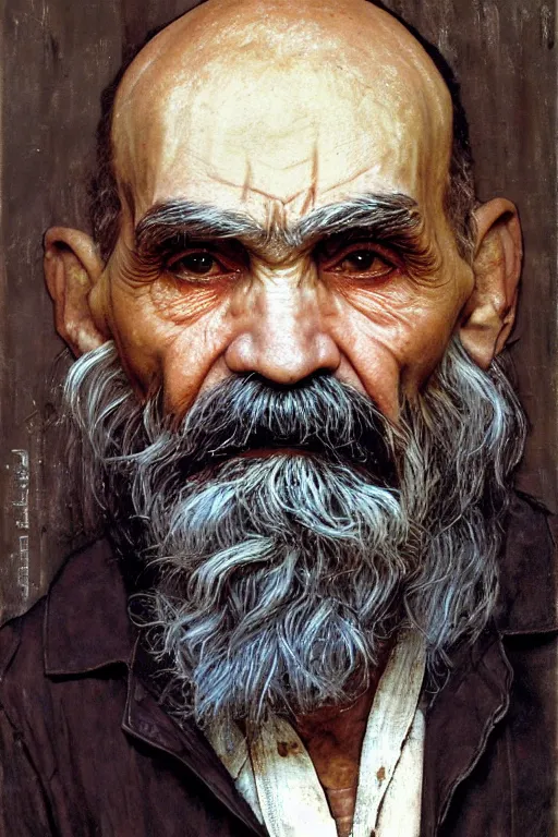 Prompt: a closer personal portrait of a very old egyptian charles manson with very piercing eyes, very charismatic. in the old ancient temple of luxor. masterpiece, dark. painted by norman rockwell and james gurney