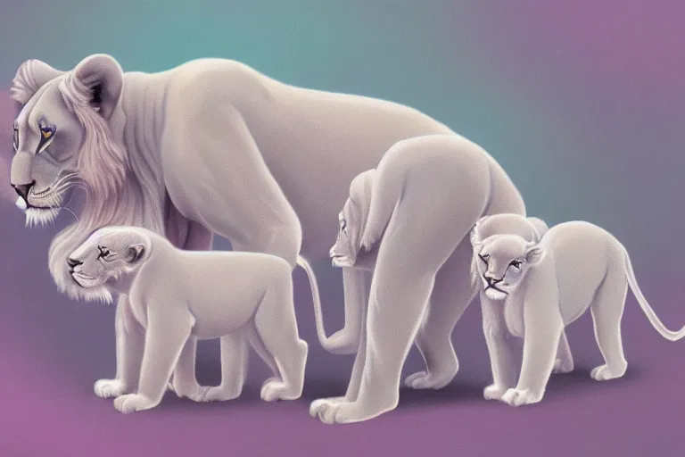 Prompt: beautiful aesthetic digital illustration of a pastel blue winged lioness with a litter of pastel cubs