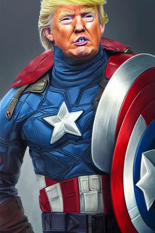 Image similar to hyperrealistic painting of Donald Trump as Captain America, D&D, fantasy, photorealism, accurate depiction, intricate, elegant, highly detailed, digital painting, post processing, extremely detailed, face symmetry, artstation, concept art, matte, smooth, sharp focus, illustration, art by Artgerm and Greg Rutkowski and Alphonse Mucha, oil painting, 8k