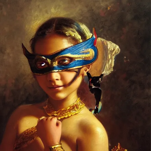 Prompt: detailed potrait 8 0 s srilankan girl with cat woman mask in baroque painting, girl graceful,, painting by gaston bussiere, craig mullins, j. c. leyendecker, lights, art by ernst haeckel, john william godward, hammershøi,,