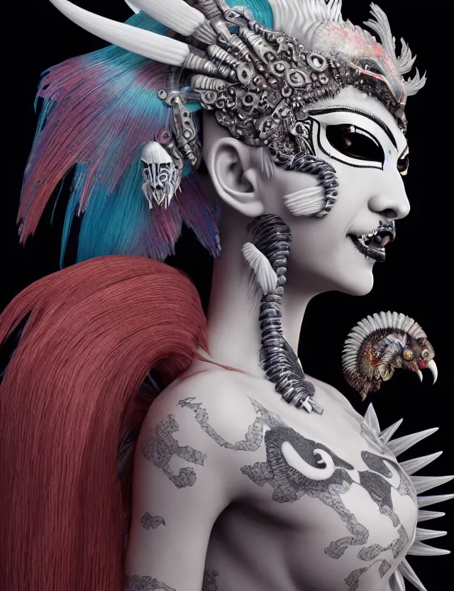 Image similar to 3 d goddess close - up profile portrait punk with mohawk with ram skull. beautiful intricately detailed japanese crow kitsune mask and clasical japanese kimono. betta fish, jellyfish phoenix, bio luminescent, plasma, ice, water, wind, creature, artwork by tooth wu and wlop and beeple and greg rutkowski