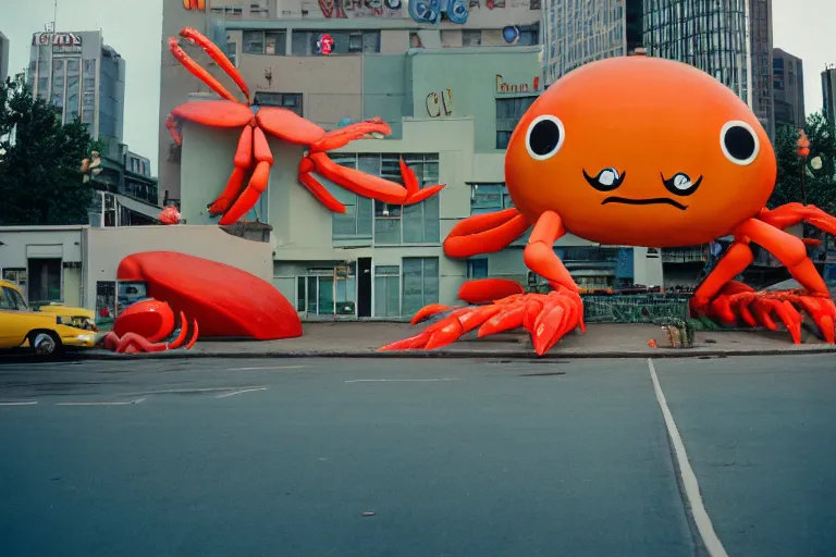 Image similar to 2 0 1 5 cute giant crab terrorizing a city, googie city, americana, fishcore, exterior photography, hd 8 k, photography cinestill