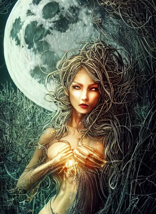 Image similar to glowing silver and golden elements, full close-up portrait, A beautiful dark witch in front of the full big moon, book cover, green forest, red white black colors, establishing shot, extremly high detail, foto realistic, cinematic lighting, pen and ink, intricate line drawings, by Yoshitaka Amano, Ruan Jia, Kentaro Miura, Artgerm, post processed, concept art, artstation, matte painting, style by eddie, raphael lacoste, alex ross