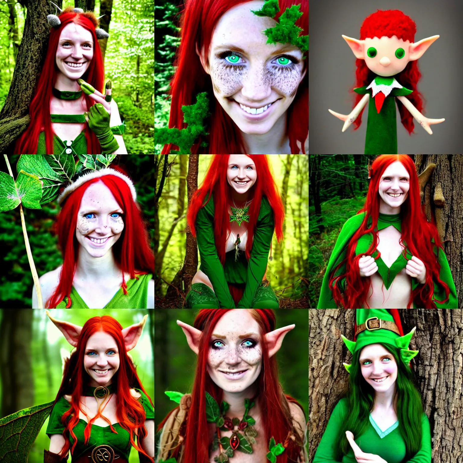 Prompt: elf druid, feminine, smiling, freckles, green eyes, red hair, tall