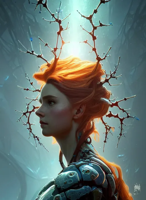 Prompt: portrait of a sad, organic viral, neurons! horizon zero dawn cells, intricate, elegant, highly detailed, ray tracing, digital painting, artstation, concept art, smooth, sharp focus, illustration, art by artgerm and greg rutkowski and alphonse mucha, 8 k