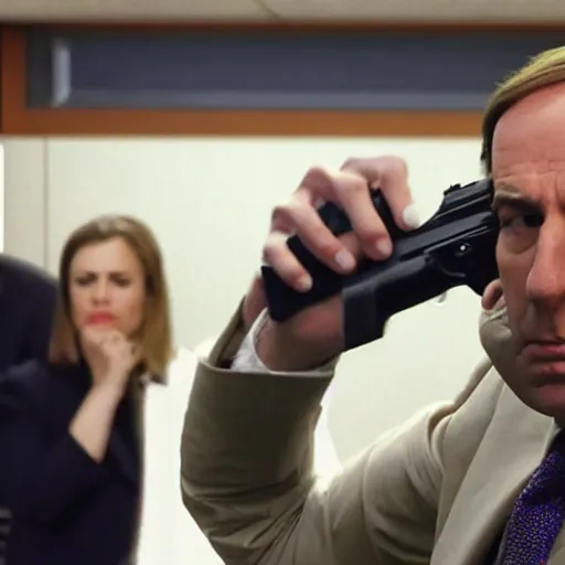 Prompt: saul goodman shooting a glock 1 9 inside a courtroom