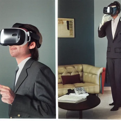 Prompt: a man wearing a high - tech vr helmet wearing a polyester suit from the 7 0 s, 7 0 s fashion, in a 7 0 s living room, magazine ad, professional photography, 3 5 mm