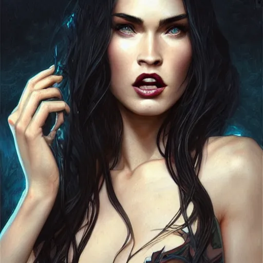 Image similar to ultra realistic illustration, megan fox with fangs as vampire, intricate, elegant, highly detailed, digital painting, artstation, concept art, smooth, sharp focus, illustration, art by artgerm and greg rutkowski and alphonse mucha