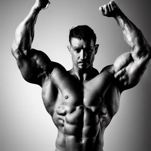 Image similar to extremely muscular ernest khalimov flexing, dslr, award winning, 8 k, octane beautifully detailed render, grayscale, cinematic lighting, detailed photo, masterpiece, volumetric lighting, ultra realistic, highly detailed, high quality, lossless, photorealistic, sharp focus, hd