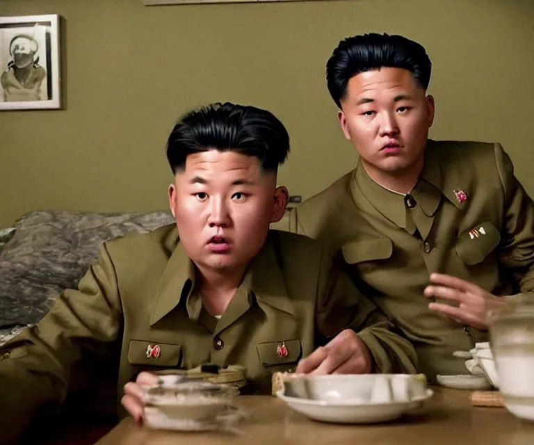 Prompt: hyperralism pineapple express movie still photography of real detailed north korean kim chen with detailed face smoking detailed weed in detailed basement bedroom