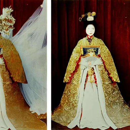 Image similar to A wide full shot, colored Russian and Japanese mix historical fantasy of a photograph portrait taken of the empress wearing her royal wedding attire, photographic portrait, warm lighting, 1907 photo from the official wedding photographer for the royal wedding.