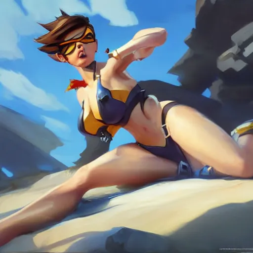 Image similar to greg manchess splashart painting of overwatch's tracer in a bikini, overwatch art team, cinematic composition, award winning art, octane render