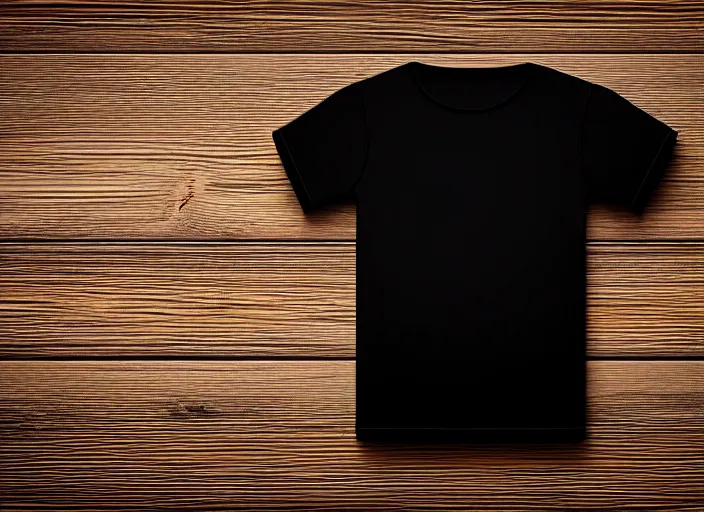 Prompt: clear highly detailed photorealistic topdown mockup product photograph of a blank black tshirt on a wooden background