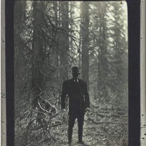 Prompt: slender dark ominous figure standing in the woods, dark, creepy, 1910 Polaroid photograph