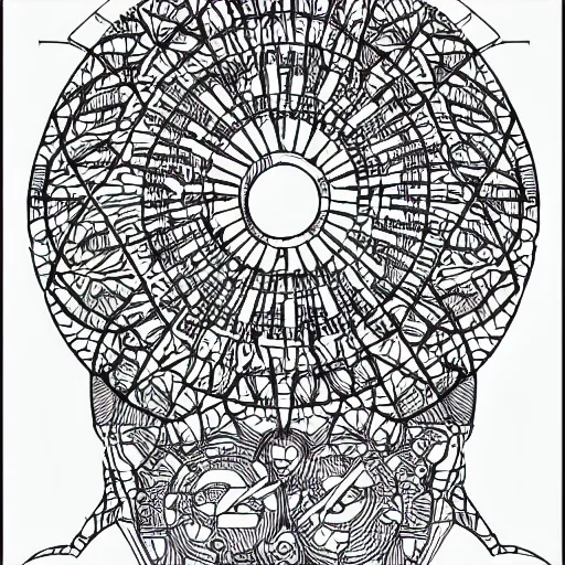 Image similar to Simplistic coloring book of a turbine blueprint, black ball pen on white paper, by Josan Gonzalez and Geof Darrow