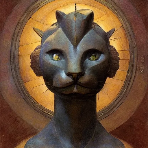 Image similar to masterpiece ancient bronze sculpture of a mechanical cat head, by annie swynnerton and diego rivera and nicholas roerich and jean delville and charlie bowater, symbolist, dramatic lighting, god rays, elaborate geometric ornament, art brut, rich colors, smooth sharp focus, extremely detailed, adolf wolfli and ( donato giancola and bilibin )