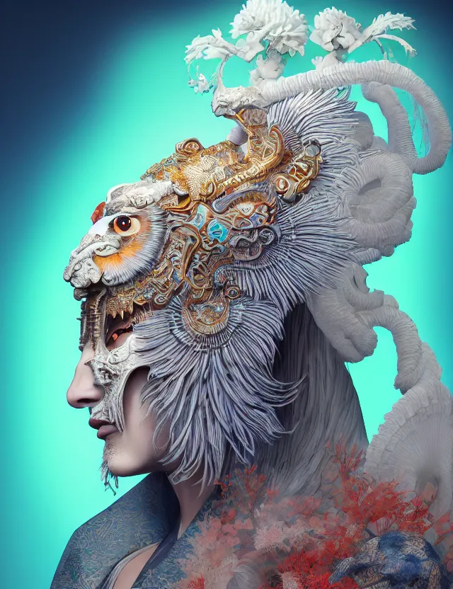 Image similar to 3 d goddess in robe close - up profile portrait with ram skull. beautiful intricately detailed japanese crow kitsune mask and clasical japanese kimono. betta fish, jellyfish phoenix, bio luminescent, plasma, ice, water, wind, creature, artwork by tooth wu and wlop and beeple and greg rutkowski