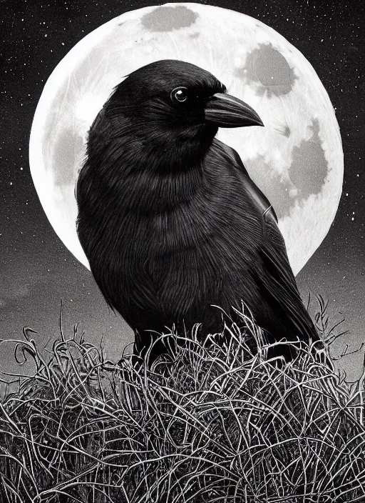 Image similar to portrait, A crow in front of the full big moon, book cover, red white and black colors, establishing shot, extremly high detail, foto realistic, cinematic lighting, pen and ink, intricate line drawings, by Yoshitaka Amano, Ruan Jia, Kentaro Miura, Artgerm, post processed, concept art, artstation, matte painting, style by eddie mendoza, raphael lacoste, alex ross