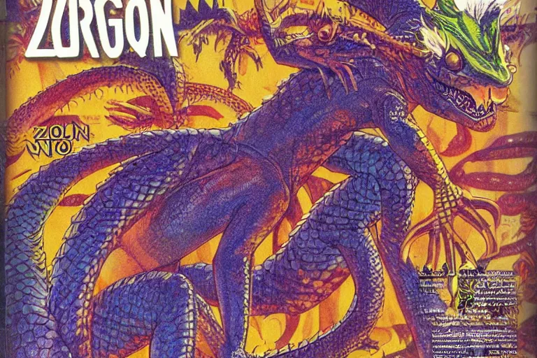 Image similar to 1979 Dragon magazine cover depicting a lizard man in neo-tokyo style by Larry Elmore. DND character art