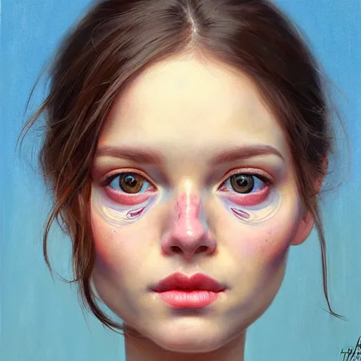 Image similar to Facial portrait of a pretty cottagecore girl, looking at the camera, slight awkward smile, lips slightly parted, no hands visible, extremely detailed painting by Greg Rutkowski and by Steve Henderson and by Harumi Hironaka