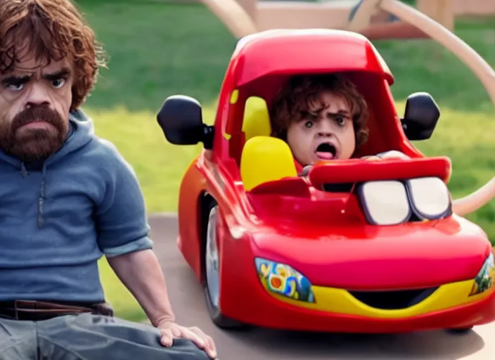 Image similar to peter dinklage mad driving a little tikes car, movie still, from the new fast and furious movie, 8 k, realistic