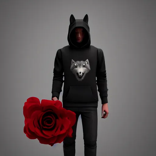 Image similar to wolf like a human, dressed black hoodie, holding red rose in hand, trending on ArtStation, octane render, blender, 8k,