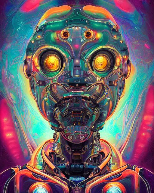 Image similar to Biomechanical ayahuasca robot portrait, psychedelic swirls, groovy, LSD, by ross tran, frank frazetta, dan mumford, alena aenami