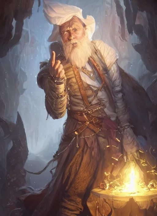 Prompt: traveling merchant in white coat, ultra detailed fantasy, dndbeyond, bright, colourful, realistic, dnd character portrait, full body, pathfinder, pinterest, art by ralph horsley, dnd, rpg, lotr game design fanart by concept art, behance hd, artstation, deviantart, global illumination radiating a glowing aura global illumination ray tracing hdr render in unreal engine 5
