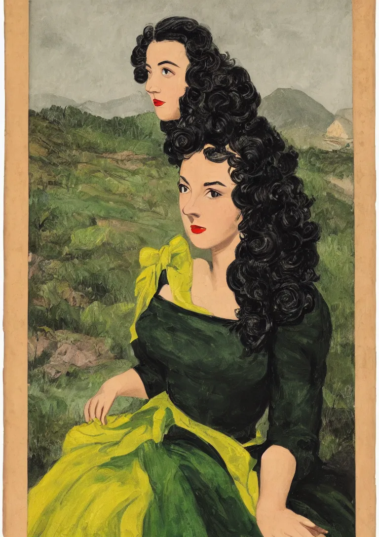 Image similar to a portrait of a young woman from the fifties, seated in front of a landscape background, her black hair is a long curly, she wears a dark green dress pleated in the front with yellow sleeves, puts her right hand on her left hand, mannerism