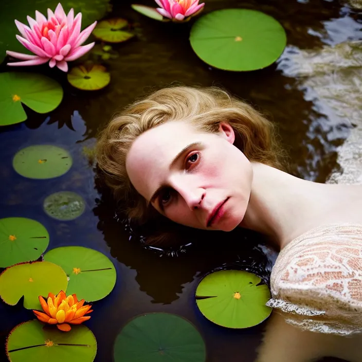 Image similar to Kodak Portra 400, 8K, soft light, volumetric lighting, highly detailed, brit marling style 3/4 ,view from above of close-up portrait photo of a beautiful woman how pre-Raphaelites painter, to float on one's back, part of the face is emerging of a pond with water lilies, she has a beautiful lace dress and hair are intricate with highly detailed realistic beautiful flowers , Realistic, Refined, Highly Detailed, natural outdoor soft pastel lighting colors scheme, outdoor fine art photography, Hyper realistic, photo realistic,warm lighting,