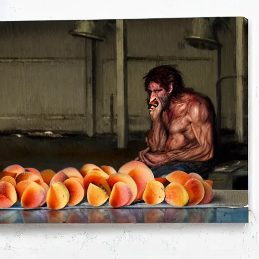 Image similar to feral man eating peaches in a factory, hunched over, mild mild impressionism, factory background, sharp colors, by greg rutkowski and asher duran