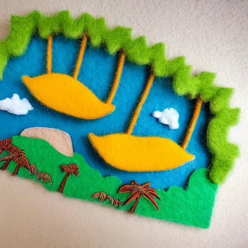 Image similar to detailed felt diorama of people sleeping in hammocks that look like bananas, jungle background with lots of palm trees