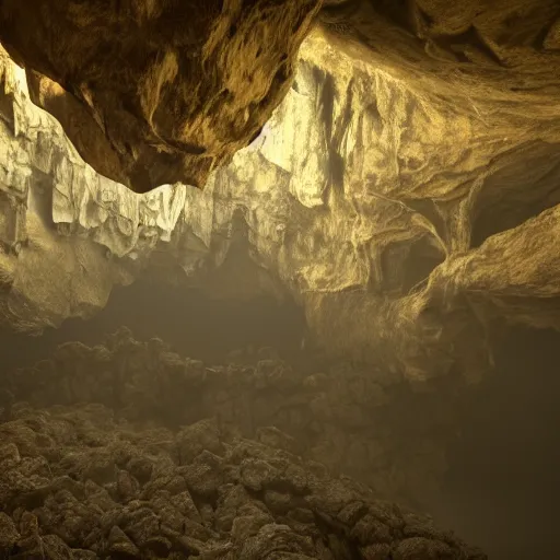 Image similar to Gigantic structures found in the depths of an enormous dark cave. Wide shot, cinematic, 4k