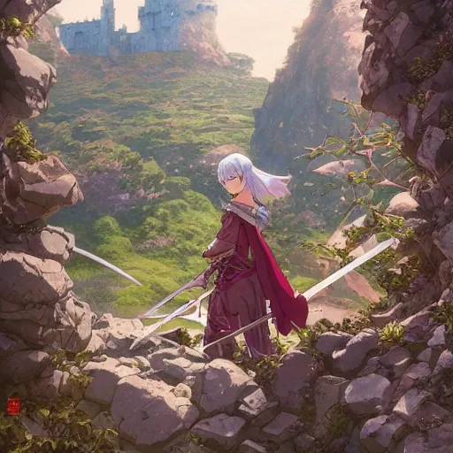 Image similar to the knight and the sword of rose petal, anime, castle core, mountains, rocky roads. by hayao miyazaki and rossdraws and artgerm and greg rutkowski and alphonse mucha and studio ghibli and ilya kuvshinov. high quality, stunning, intricate detailed environment. 8 k