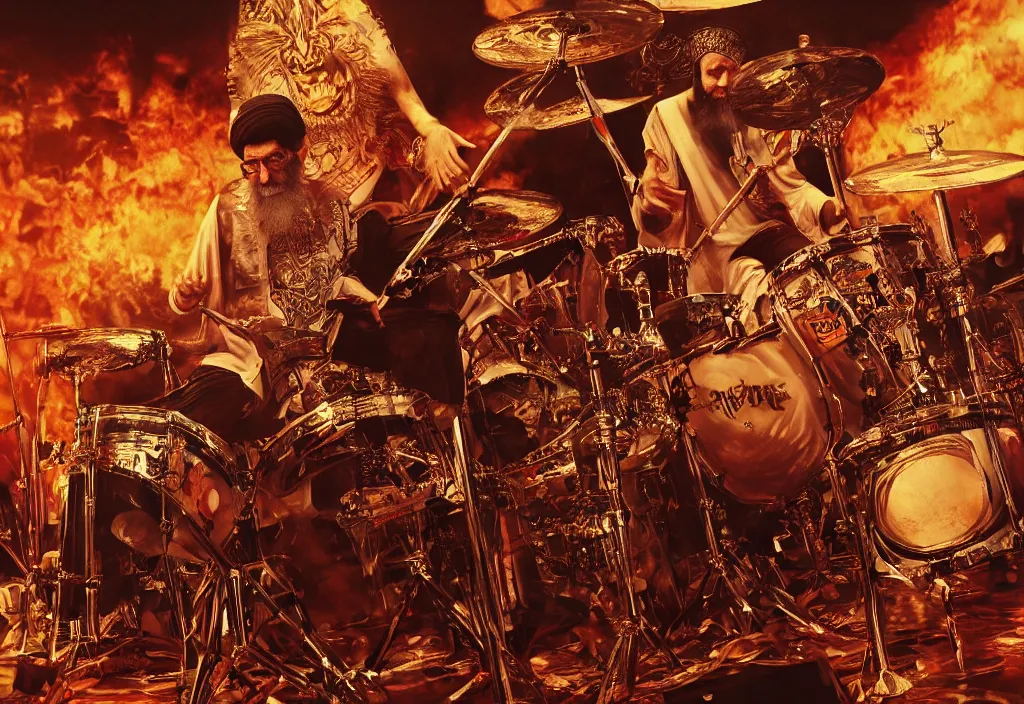 Image similar to khamenei playing drums in heavy metal band in hell, high definition, trending on artstation, unreal engine, photorealistic, high resolution,, trending on deviantart, hdr, hyper detailed, insane details, intricate, elite, ornate, elegant, luxury, dramatic lighting