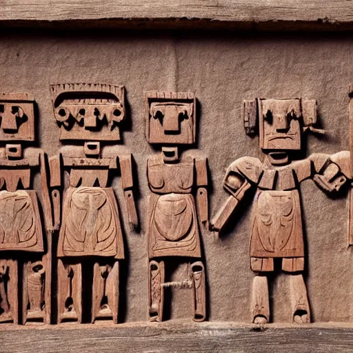 Prompt: ancient robot wood carving. Historic photo from archaeological site-n 9