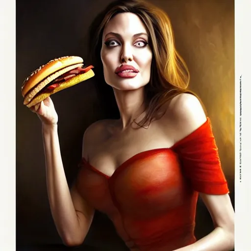 Prompt: portrait of Angelina Jolie eating big mac, hamburger with extra onions and ketchup, luscious patty with sesame seeds, ethereal, handsome, D&D, fantasy, intricate, elegant, highly detailed, digital painting, artstation, concept art, matte, sharp focus, illustration, art by Artgerm and Greg Rutkowski and Alphonse Mucha