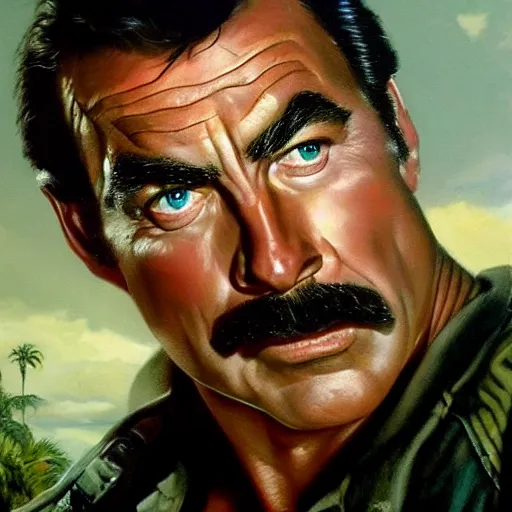 Image similar to ultra realistic portrait painting of tom selleck as the rock, art by frank frazetta, 4 k, ultra realistic, highly detailed, epic lighting