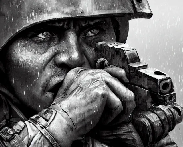 Image similar to A soldier holding a tank machine gun, face in despair, world war 1, close-up, realistic face, beautiful face detail, mature facial features, black and white, amazing digital art, hyper detailed, artstation, in the style of Tony Sart