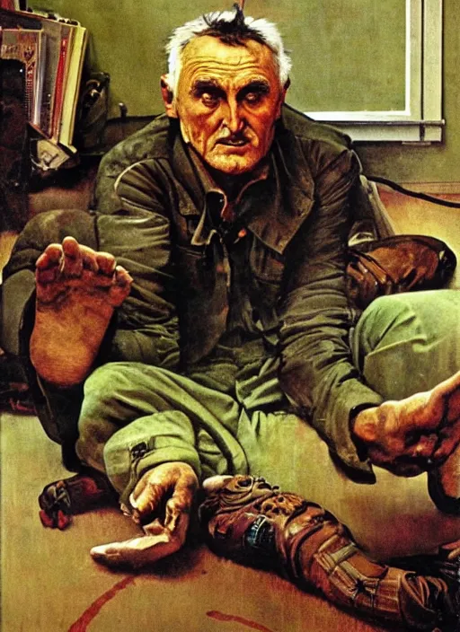 Prompt: dennis hopper crawling around on the floor of a dingy apartment, painted by norman rockwell and tom lovell and frank schoonover and everett raymond kinstler, green, dystopian