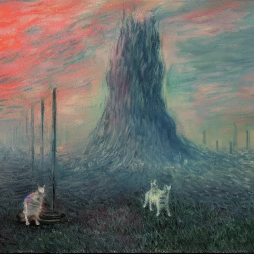 Prompt: end of the world, apocalypse, destruction, cats, concept art by monet