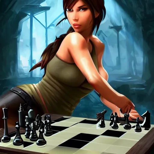 Image similar to Lara Croft playing chess, anime artstation