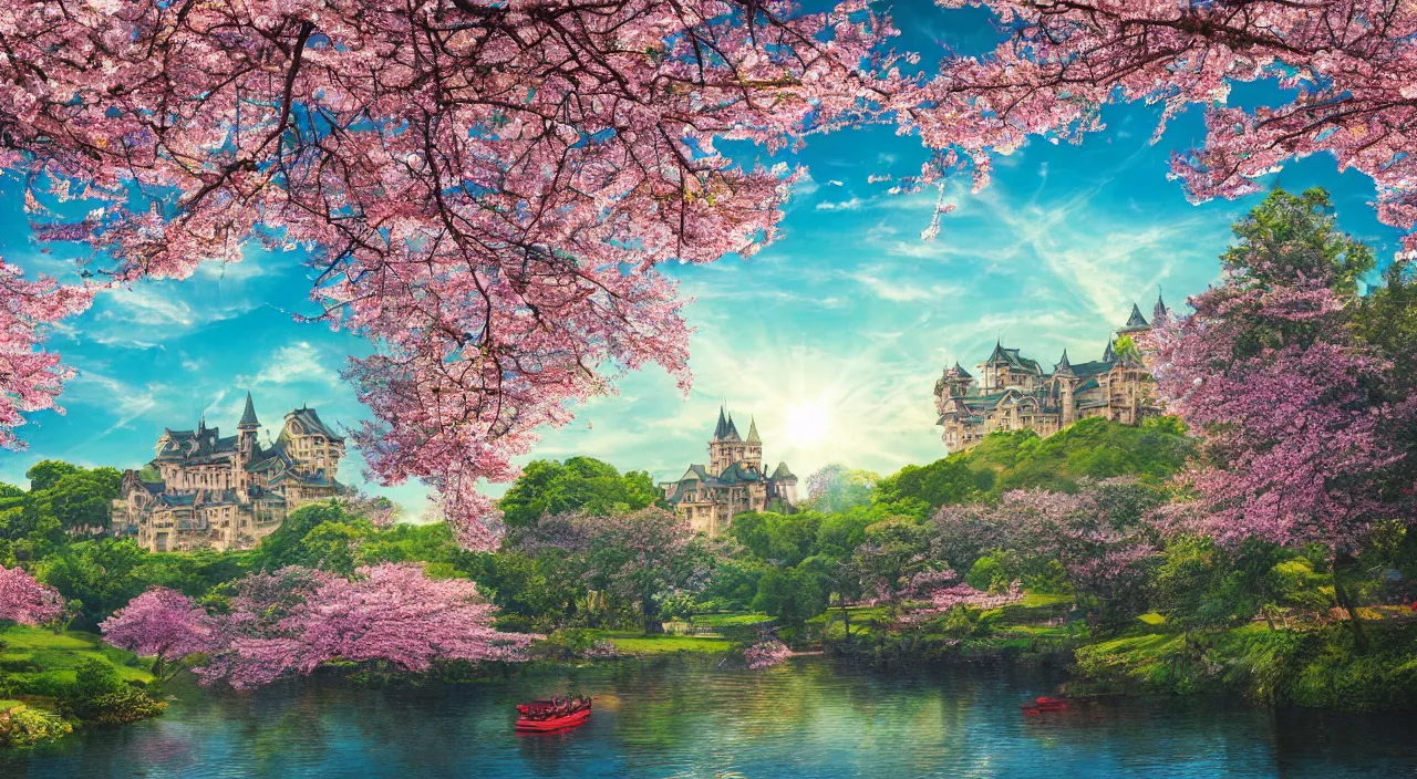 Prompt: landscape with a big castle surrounded by cherry blossom, hyper - detailed, god rays, light, trees, river, trending on artsation