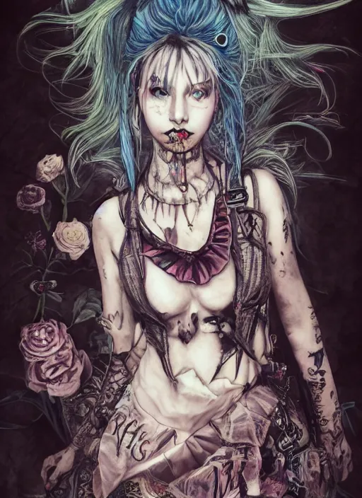 Prompt: portrait, Punk rock Alice in wonderland, caterpillar tattoo on her neck, septum piercing, fishnets, full body, torn skirt, watercolor, dramatic lighting, cinematic, establishing shot, extremely high detail, foto realistic, cinematic lighting, pen and ink, intricate line drawings, by Yoshitaka Amano, Ruan Jia, Kentaro Miura, Artgerm, post processed, concept art, artstation, matte painting, style by eddie mendoza, raphael lacoste, alex ross