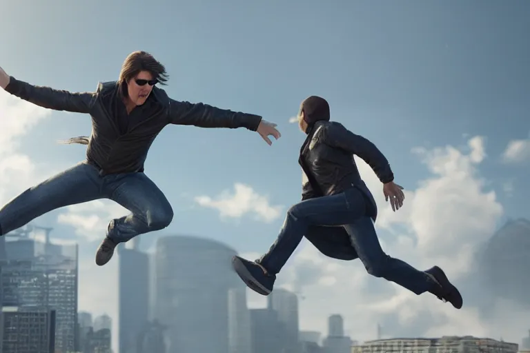 Image similar to ((a cinematic still of)) (tom cruise!!!!!), jumping, oprah winfrey show, ((((octane render, nvidia raytracing demo))))