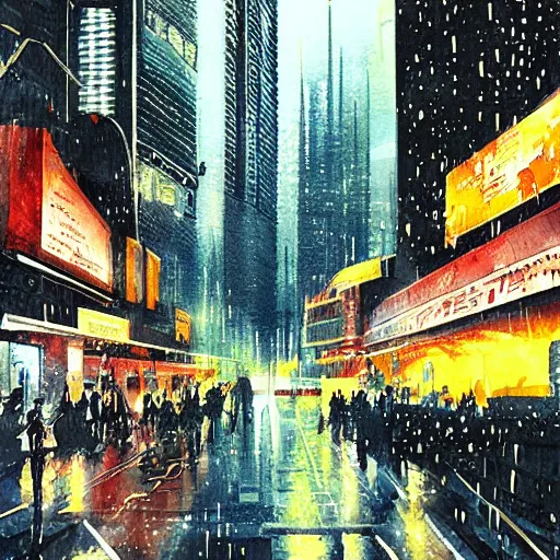 Image similar to futuristic Sci-fi cyberpunk city at night in the rain. Watercolour