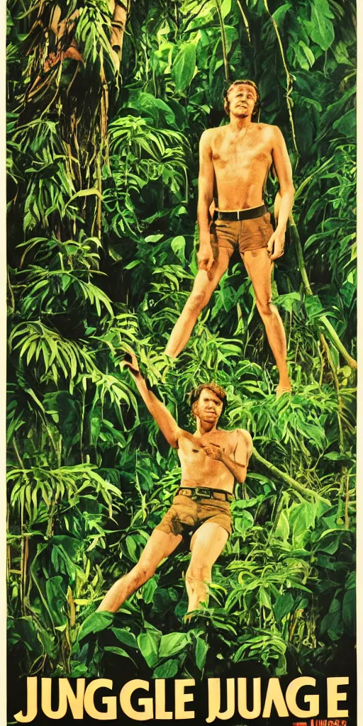 Prompt: a 1 9 7 0 s film poster for the jungle about a man lost in the jungle