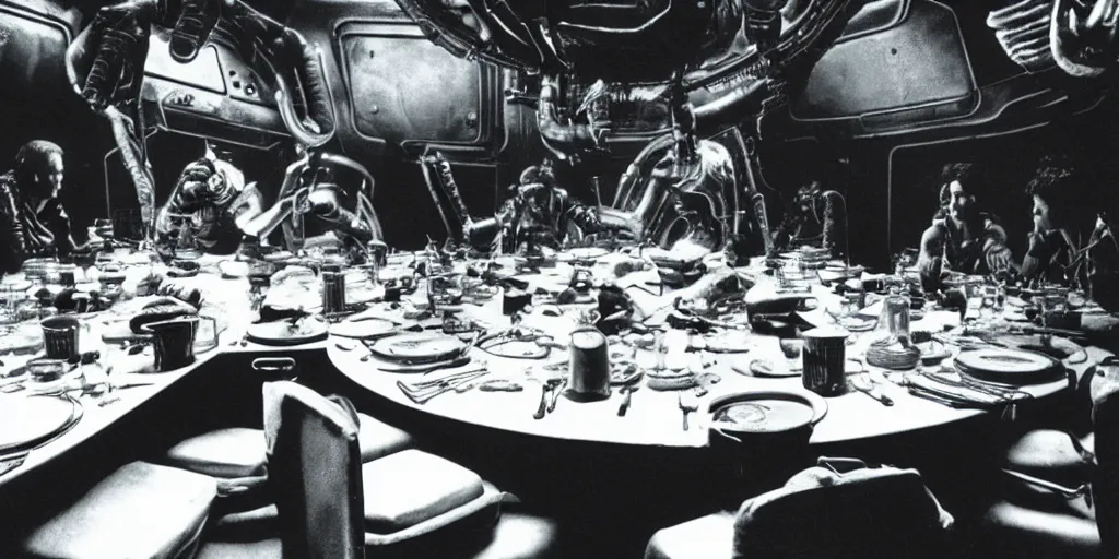 Prompt: a dinner scene with Ripley and 6 other people in a round table within the Nostromo by Ridley Scott, Alien movie, grainy, bluish and cream tones